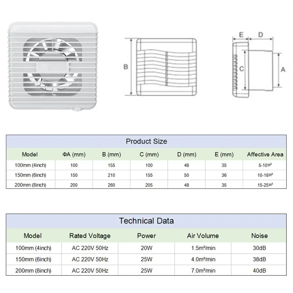 4/6/8 Inch Waterproof Bathroom Extractor Exhaust Fan Mute Ventilating Strong Fan For Window Ventilation Fans 220V