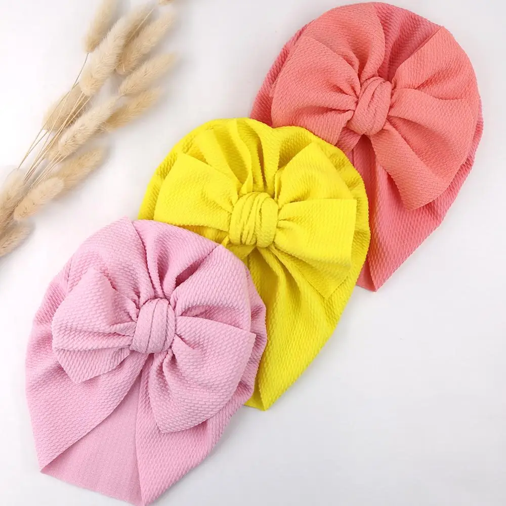 Solid Waffle Fabric Baby Hat Big Bow Topknot Turban Bonnet Caps Solids Baby Headwear For 0-5T Kids Children Fashion Headwraps