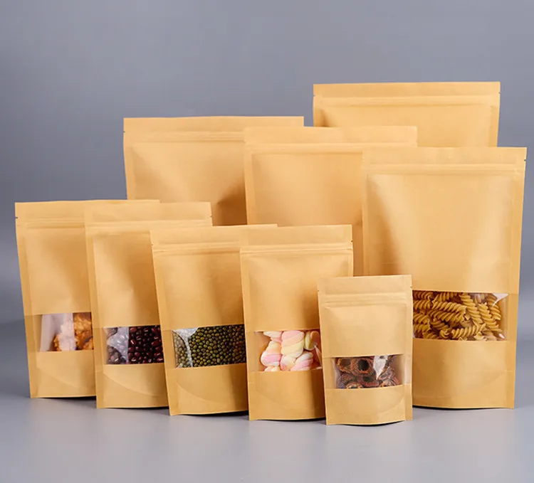 Kraft Paper High Clear Window Zip-Lock Bags Stand Up Food Dried Fruits Tea Beaf Coffee Heat Sealing Packaging Storage Pouches