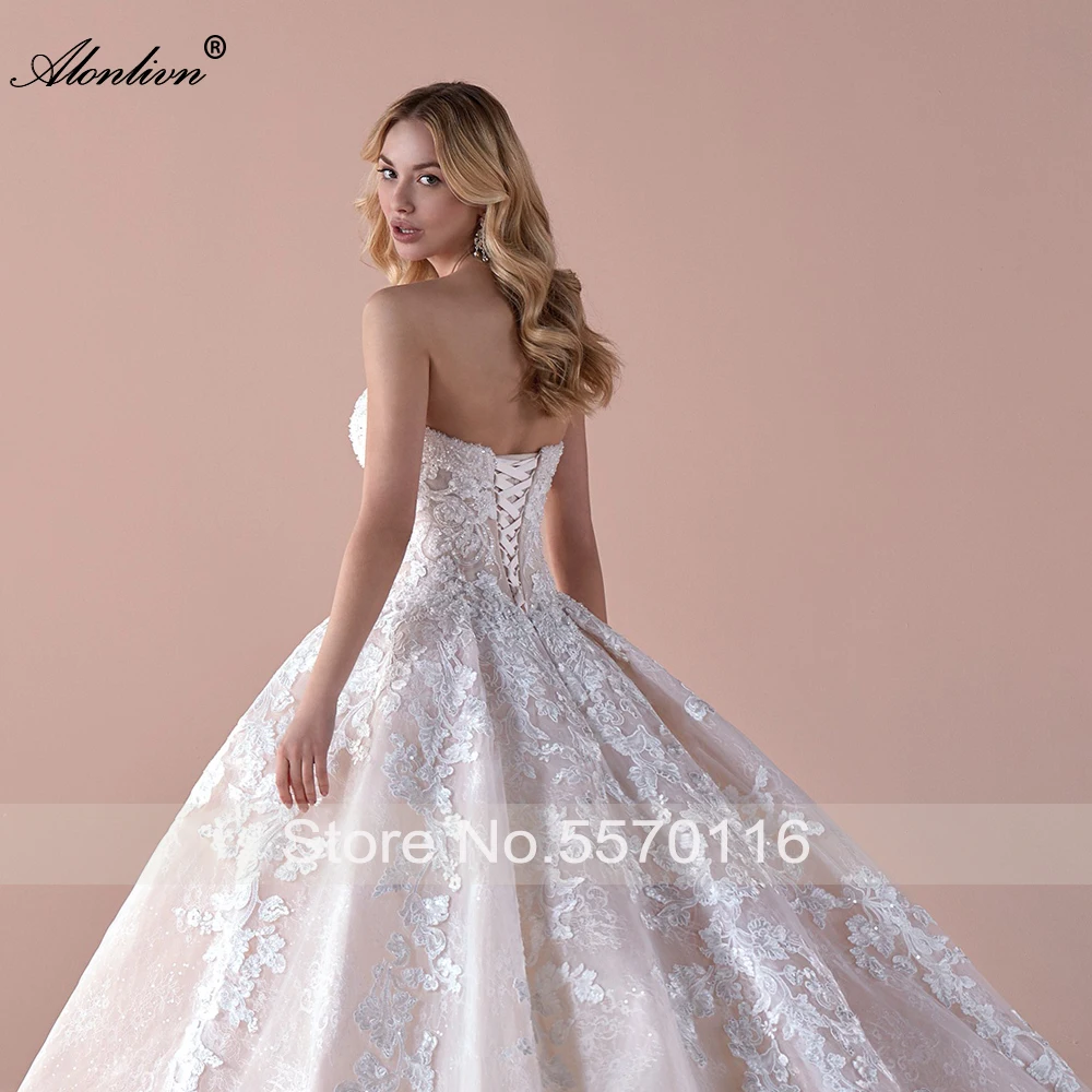 알론리븐 베스티도 데 노이바 광택 있는 아플리케 레이스 웨딩 드레스 스위트하트 오프숄더 볼 가운 신부 드레스