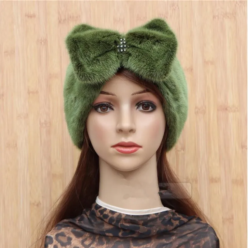 Green Women Headband with Bow Tie Real Mink Fur Scarf Ring Gray Black Luxury Winter Warm Gift S9