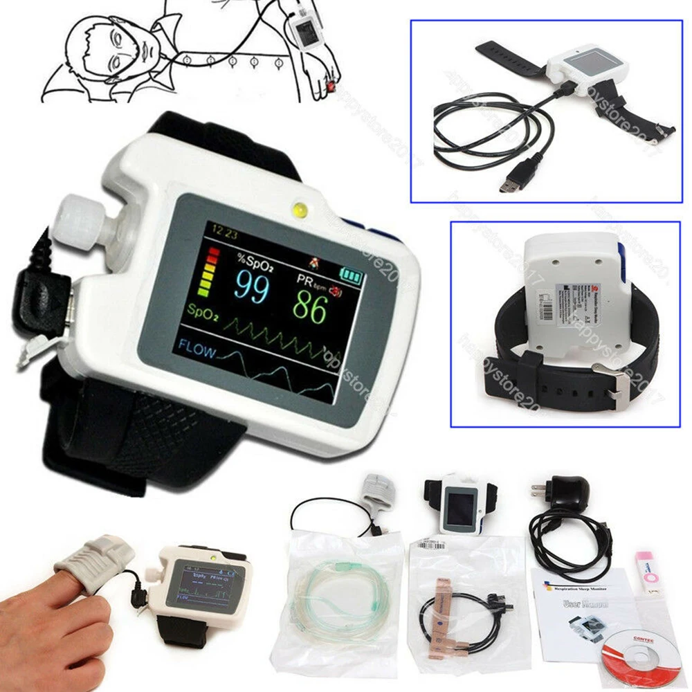 RS01 Patient Sleep Apnea Screen Meter Nose Air Flow Wrist Respiration Sleep Monitor Spo2 PR Alarm Nasal Cannula Record Software