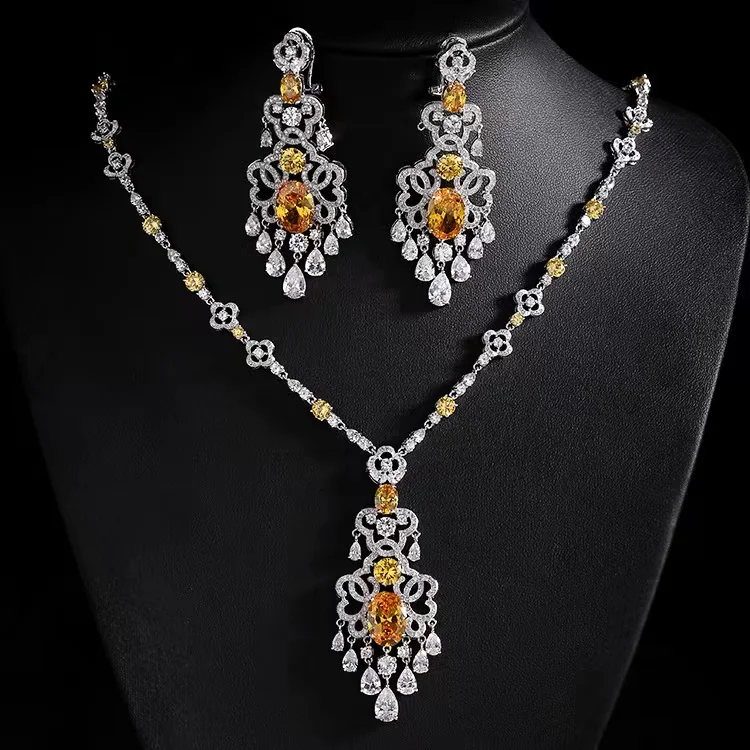 

EYER Women Trendy Royal Style AAA Cubic Zirconia Drop Necklace Earrings Jewelry Set for Women Bridal Wedding Dress Accessories