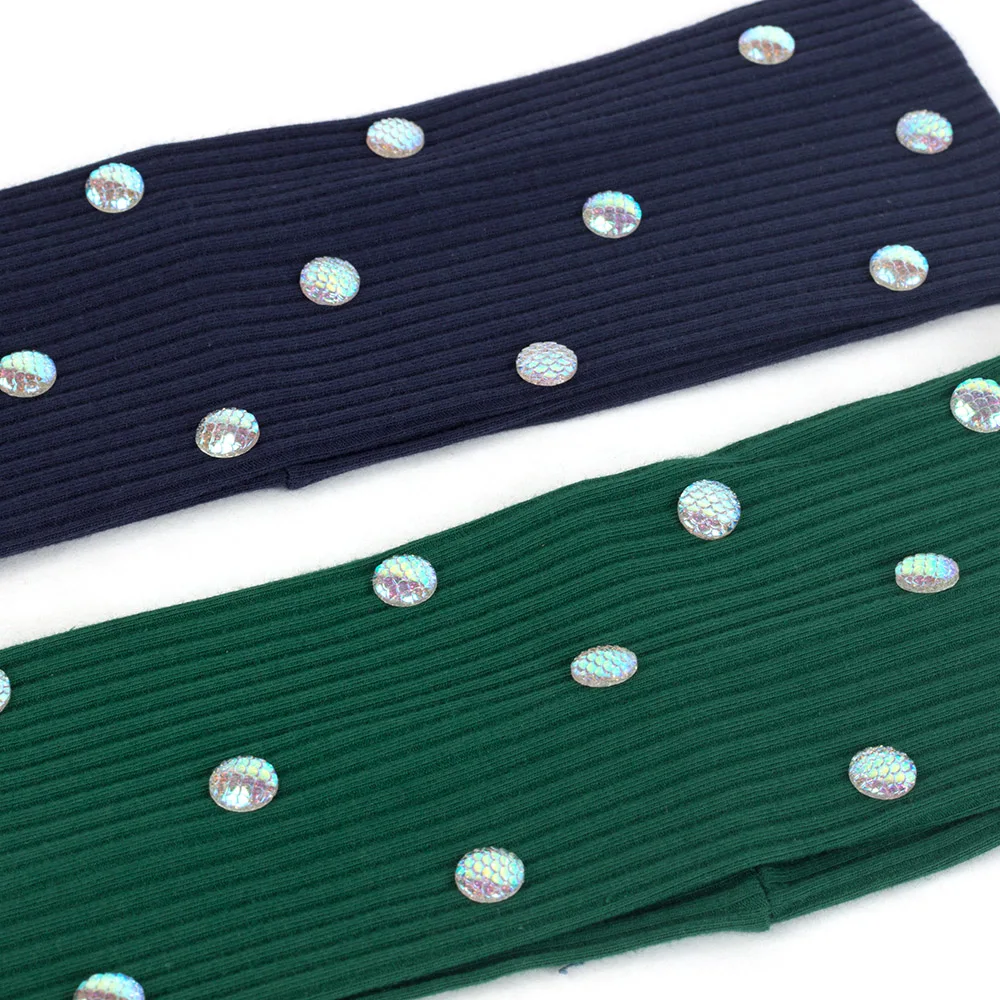 Women Cotton Ribbed Wide Headband Female Flat Hairband Striped Turban Fish Scale Rhinestone Head Wrap Colorful Accessories