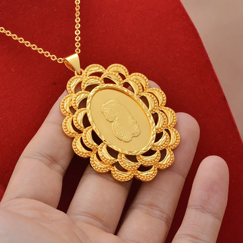 

Dubai 24K Gold Color plated luxury Golden Beauty head portrait Pendant Necklace For Women Girls Men