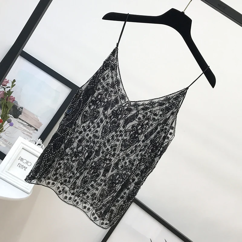 

H80&S90 Summer Sexy Beading Sequins Camis Women Tops Fashion Solid Sleeveless V-Neck Female Tank Tops Loose Party Club Newest