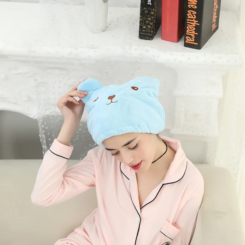 Dry Hair Cap For Women Quick-drying Absorbent Thick Microfiber Head Towel Korean Cute Bear Embroidered Shower Cap Towel