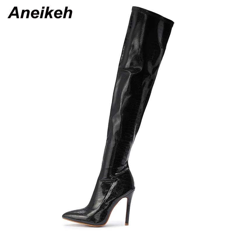 Aneikeh NEW Fashion Striped 11CM Thin Heels Ladies Boots 2024 Spring Sexy Over-the-Knee Side Zipper Slip-On Pointed Toe Shoes