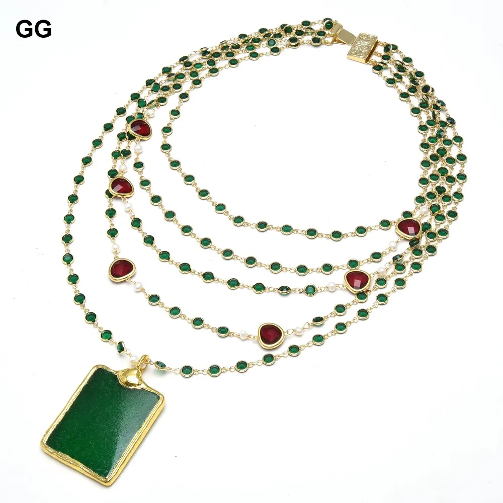 G-G 5 Rows Natural White Pearl Red Crystal Bezel Green Chain Statement Necklace Jade Pendant