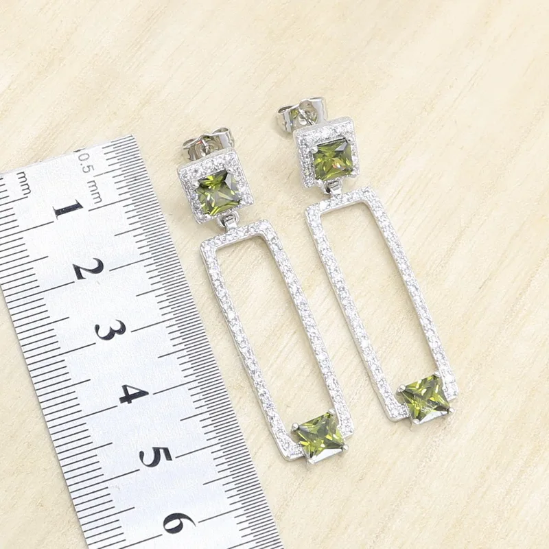 Olive Peridot Zircon Silver 925 Jewelry Set for Women Bridal Bracelet Long Earring Necklace Pendant Ring Birthday Gift