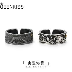 QEENKISS 925 Sterling Silver Ring for Couple Vintage Adjustable Montain Love Pledge Ring Fine Jewelries Wholesale Gift RG6699