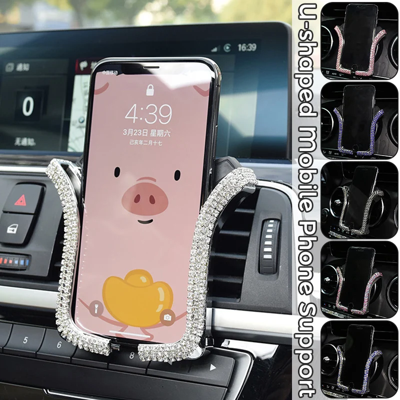 

Universal Adjustable Car Phone Holder U Shape Phone Bracket Bling Crystal Rhinestone Car Interior Chargeable Phone Clip Support