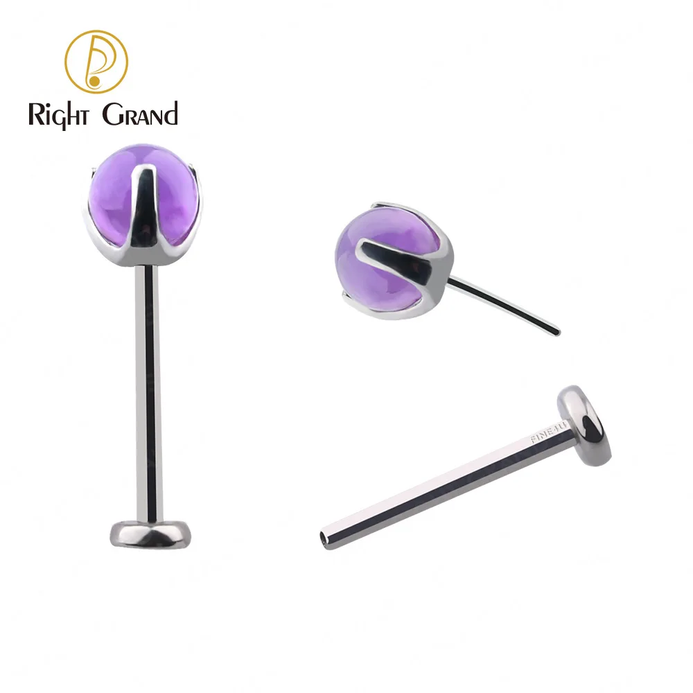 Right Grand ASTM F136 Titanium 20G Threadless Push Pin Amethyst Labret Stud Monroe Lip Piercing Tragus Earring Piercing