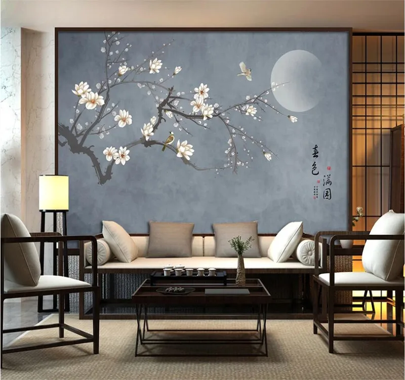 

Large custom home decoration wallpaper mural new Chinese style hand-painted flowers and birds plum blossom TV background wall