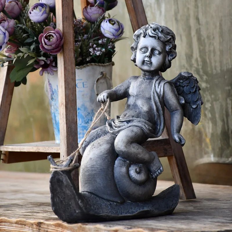 European Resin Angel Riding A Snail Ornaments Courtyard Villa Park Figurines Decoration Gardening Groceries Furnishings Crafts