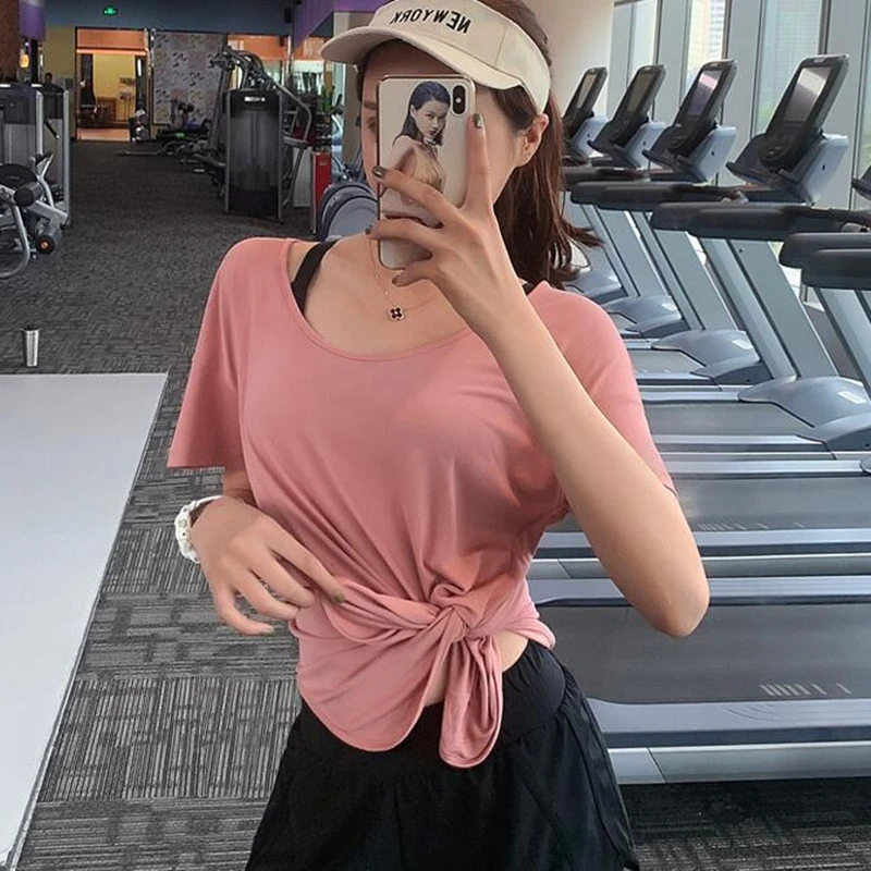 Women Yoga Top Solid Color Loose Gym Sport Shirt Breathable Sport Running Short Sleeve Work Out Fitness Training Top