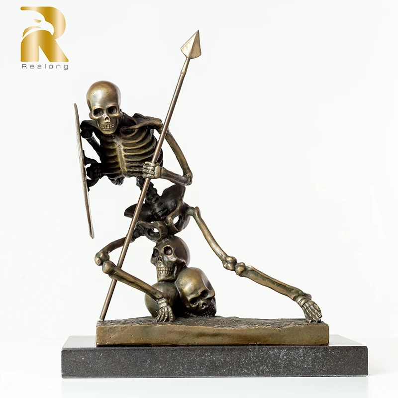 Skeleton in Battle Bronze Sculpture Skeleton Famous Warrior Shield and Spear Bronze Statue Antique Bronze Art Figurines Decor