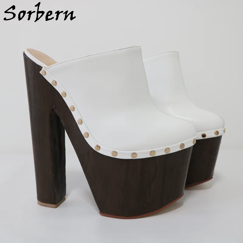 Sorbern 22cm Brown Women Mules High Heels Pump Shoe Gold Rivets Closed Toe Shoe Chunky Heeled Female Slides Custom Colors