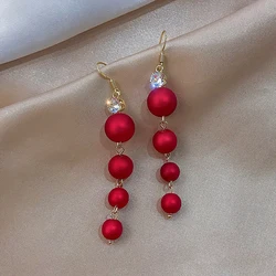 Trendy Red Pearl Long Earrings For Women Christmas Rhinestone Bow Cherry Flowers Earring Girls Party Christmas Jewelry Gifts