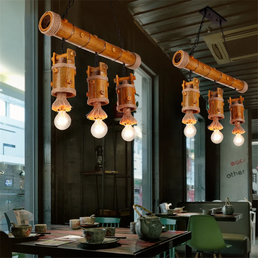 American Three-headed Hemp Rope Pendant Lights Retro Restaurant Bar Coffee Clothing Shop Bamboo
