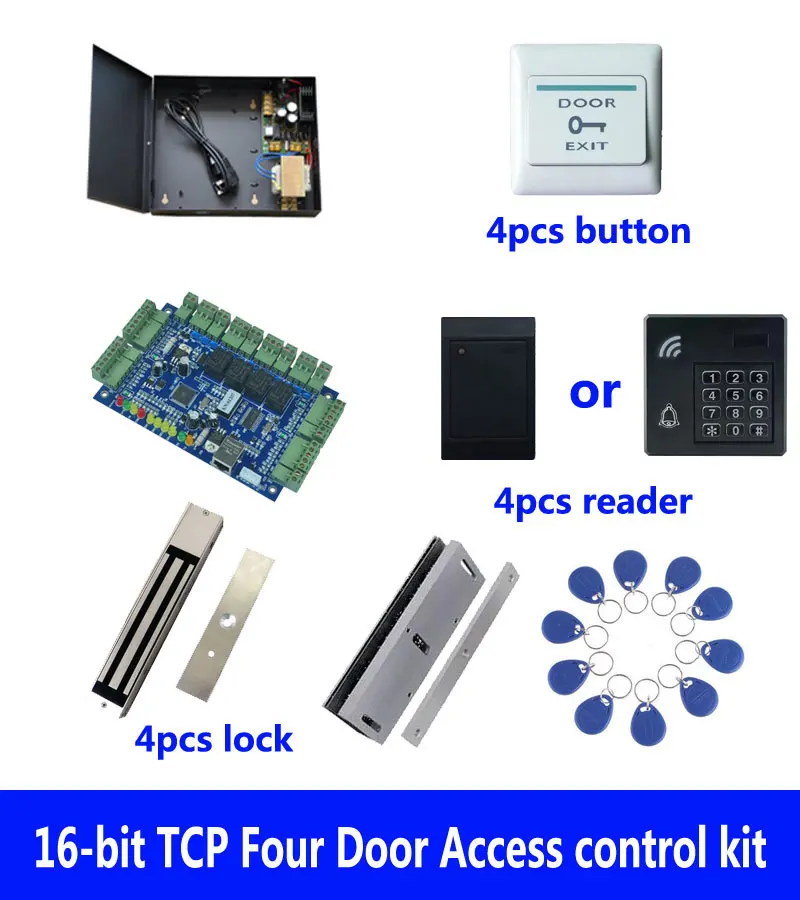 

Система контроля доступа, четырехдверный контроль доступа + Корпус питания + Магнитный замок 280 кг + U-образный кронштейн + считыватель ID + кнопка + 10 идентификационных ярлыков, Sn: телефон