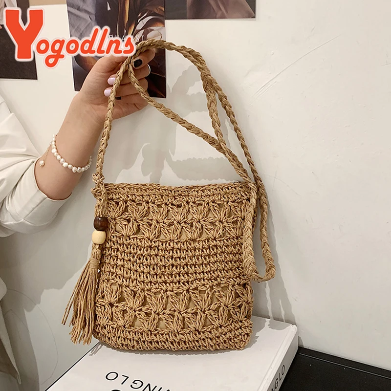 Yogodlns Bohemian Straw Bag Women Casual Travel Beach Bags Fashion Handmade Shoulder Bag Kintted Crossbody Bag Tassel Handbag