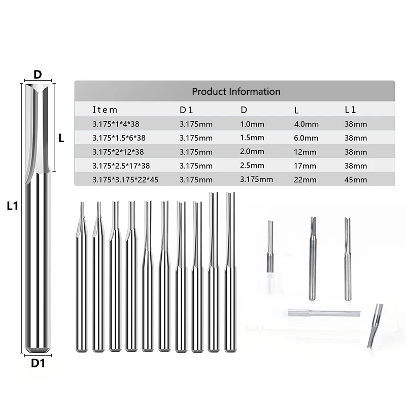 10 Stuks 3.175Mm Shank 2 Fluit Rechte Frees Carbide End Mills Router Bit Straight Slot Voor Cnc Mdf graveren Frees