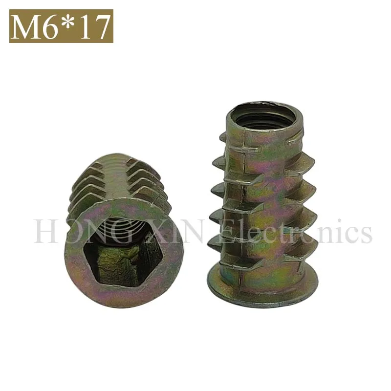 M6*17 Hex Socket Drive Head Embedded Insert Hexagon Nut For Wood Furniture Inside And Outside Thread 1pcs