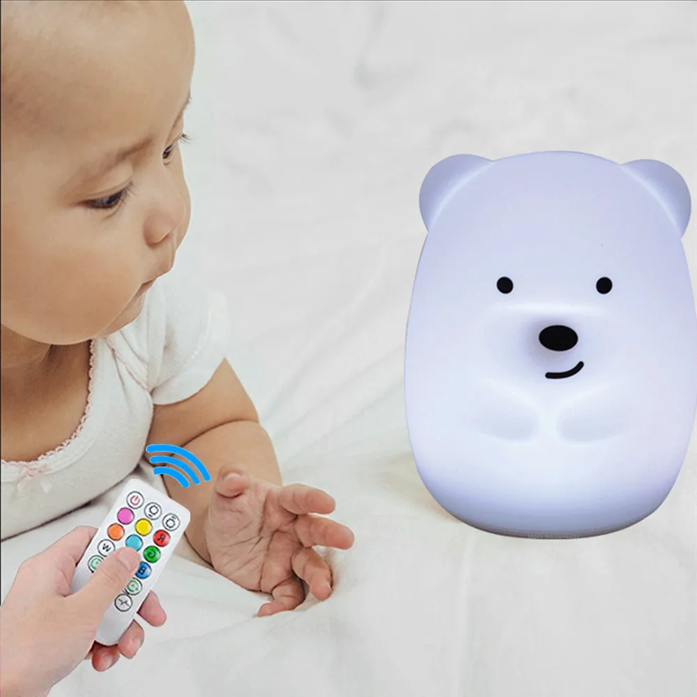 Touch Sensor RGB LED Bear Night Light Remote Control Dimmable Timer USB Rechargeable Silicone Lamp for Children Kids Baby Gift