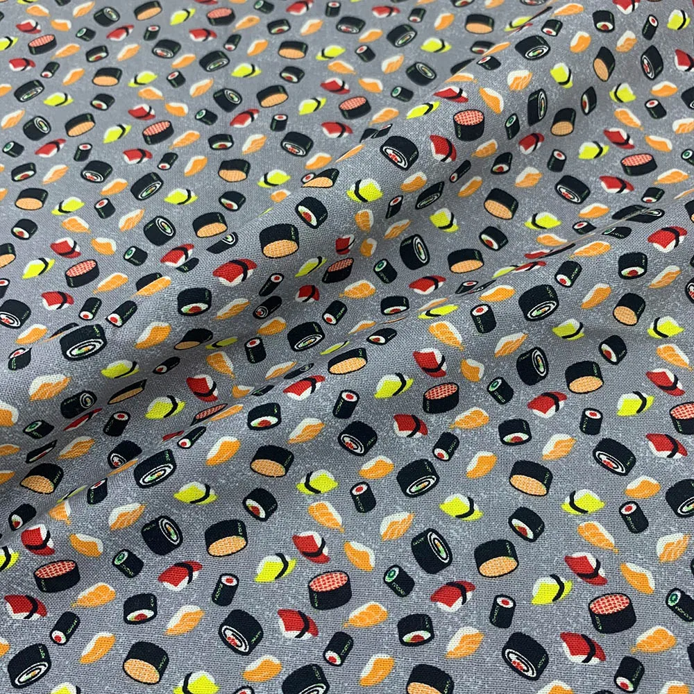 100% Cotton Fabric Digital Printing Dress Tweed Diy Clothing Fabric Cloth Material Sewing Gray Bottom Cartoon Sushi Pattern