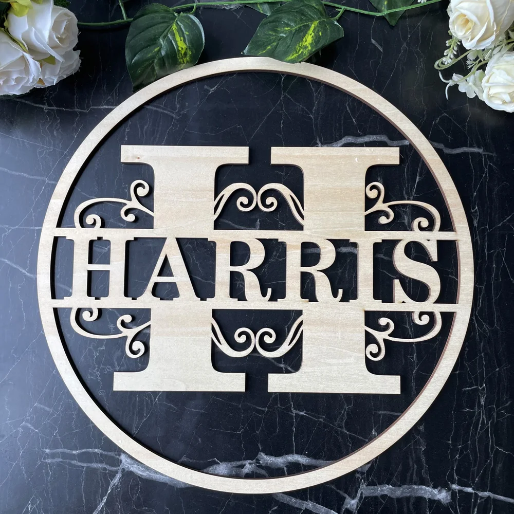 Personalized Circle Wood Family Name Sign Split Letter Custom Acrylic Sign Monogram Garden Door Hanger Wall Decor Wedding Gift