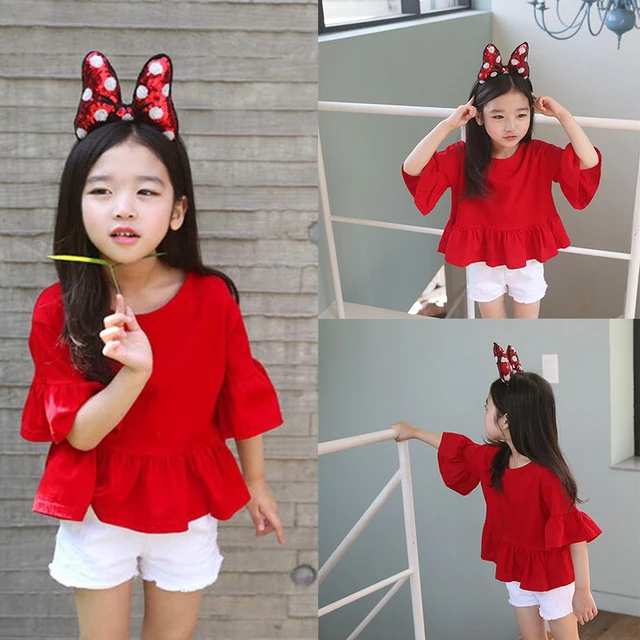 Fashion kids Children Clothing Tops Girls Korean Summer Spring Red Trumpet Sleeves Shirt T shirt