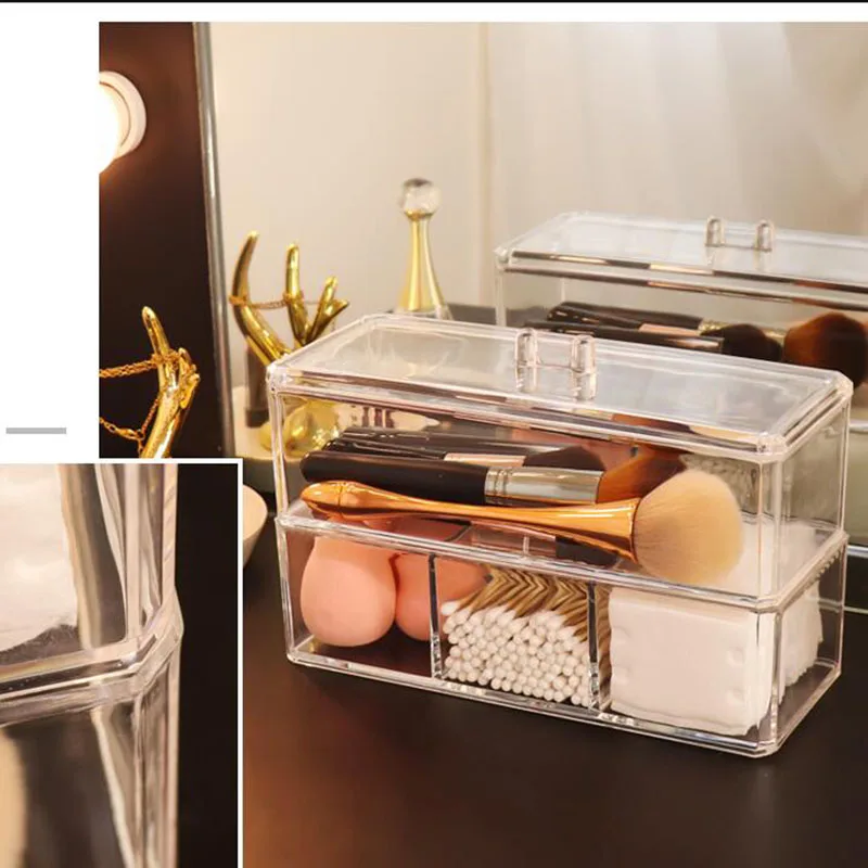 1/2 Layer Makeup Organizer Cosmetic Storage Box Cotton Pad Holder Storage Container with Lid Acrylic Makeup Brush Holder