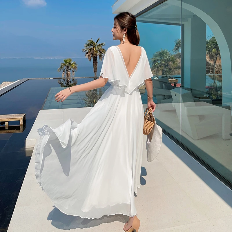 

Women V-Neck White Boho Dress Fairy Elegant Summer Vacation Beach Dress Vintage Korean Party Runway Vestidos