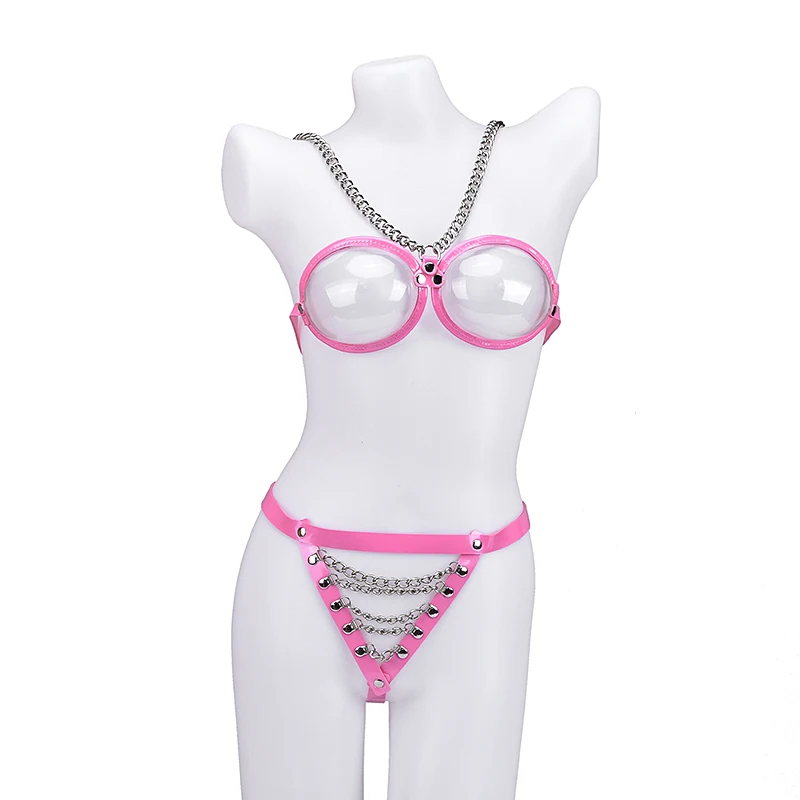 

Sexy Women Top Bra Pink Bondage Lingerie Punk PU Leather Lace Bra Harness Gothic Studded Waistband Garter Body Belt Suspender