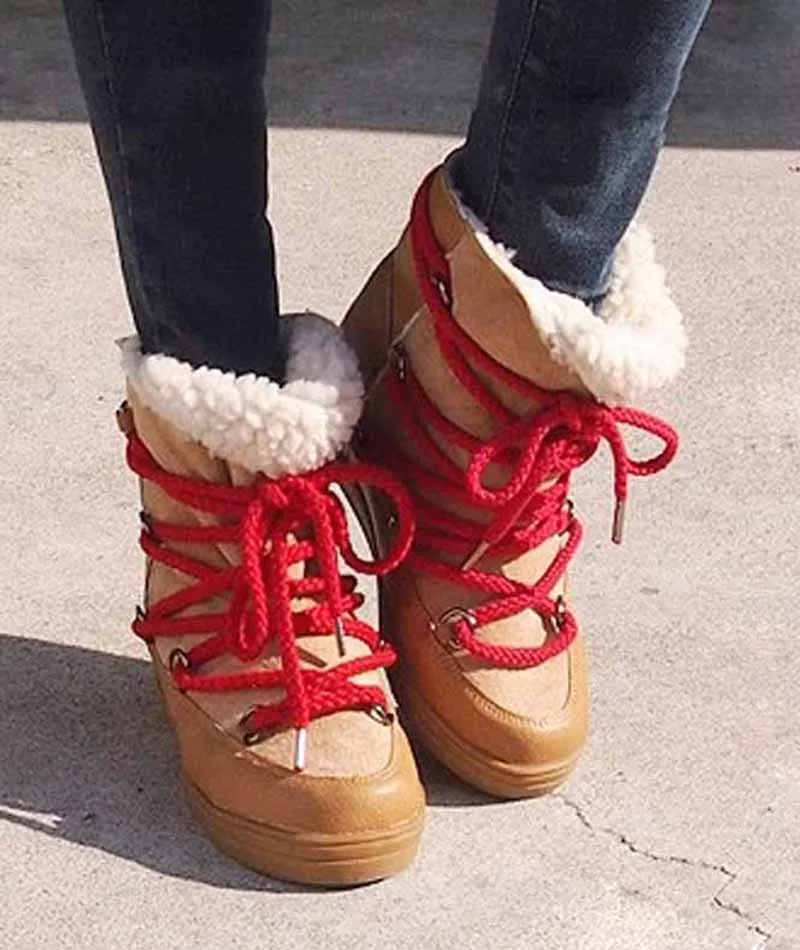 Warm Winter Wool Fur Lace Up Snow Boots Fashion Hight Increasing winter Boots Round toe Patchwork Ladies Short Fur Boots