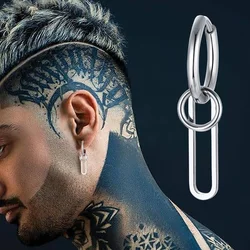 PAPER CLIP SILVER COLOR HOOPS EARRING FOR MEN GUY STAINLESS STEEL HUGGIE PAPERCLIP GEOMETRY JEWELRY