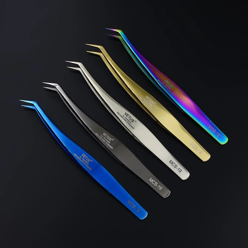 100% VETUS Original MCS-19 Eyelash Tweezers Eagle Beak Shape for Volume Eyelashes Extension Plant Pincers 5 Colors Available