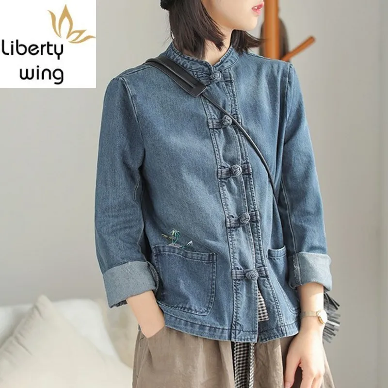 Blusas Mujer De Moda Lange Mouw Enkele Breasted Denim Shirt Chinese Stijl Vintage Floraal Emboridery Losse Casual Blouse