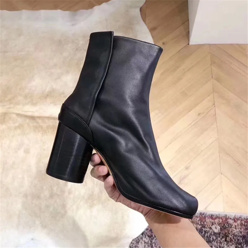 Czarne buty Tabi z rozciętym noskiem gruby obcas buty damskie botki miękkie skórzane Zapatos Mujer designerskie jesienne Botas Mujer