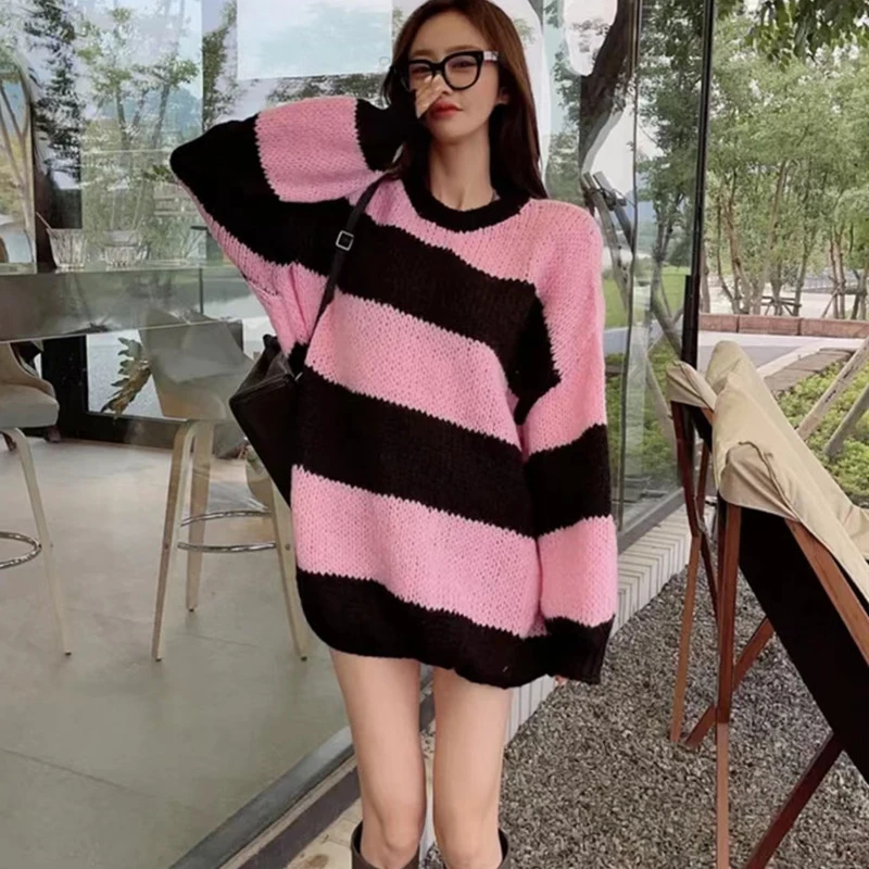 Women's Pullover Sweater Vintage Loose Striped Knitted Sweater Pullover Oversized Sweaters