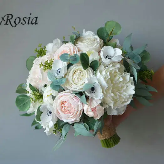 

EillyRosia Cream White Pink Roses Peony Wedding Bouquet for Bride Eucalyptus Greenery Country Bridal Bouquet Fleur Artificielle