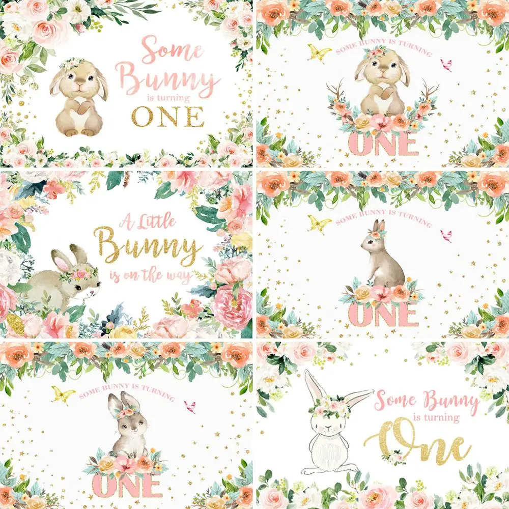 

Mocsicka Some Bunny Is Turning Backdrop Spring Floral Newborn Baby Girl Birthday Party Decorative Props Background Photography