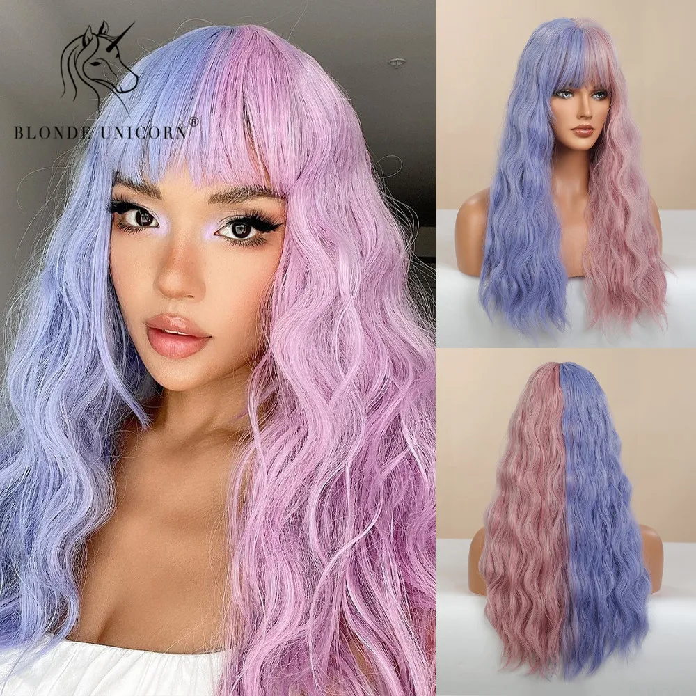 Wig Sintetis UNICORN Pirang Ombre Coklat Panjang Bergelombang dengan Poni untuk WANITA HITAM PUTIH Serat Tahan Panas Wig Rambut Pesta Harian