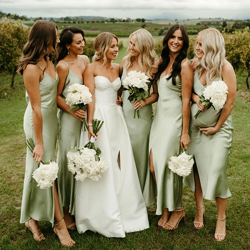 Rustic Sage Green Silj Satin Bridesmaid Dresses 2022 Sexy Spaghetti Straps Ankle Length Night Formal Maid Of Honor Evening Dress