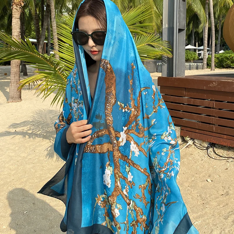 2024 Fashion Luxury Brand Designer Silk Scarf Women Sunscreen Beach Towel Printing Thin Shawls Wraps Femme Foulard Bandana Hijab