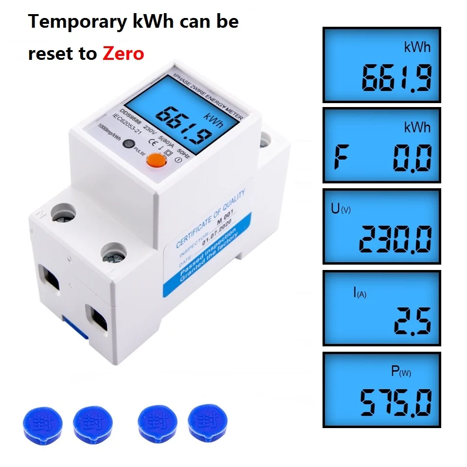 230V 5(80)A Digital Wattmeter AC Power Energy Meter Din Rail KWH Voltage Current Meter Backlight with Reset Function