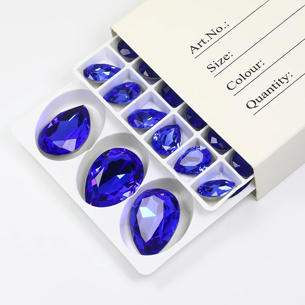 All Size Tear Drop Shape Pointed Back Rhinestones With Sapphire Color Crystals Stones K9 Crytsal For Jewelry Making Garment 3003