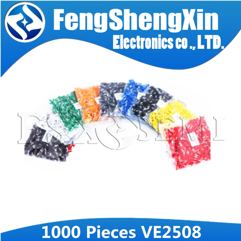 

1000pcs/lot VE2508 E2508 Bootlace Cooper Ferrules Kit Set Wire Copper Crimp Connector Insulated Cord Pin End Terminal