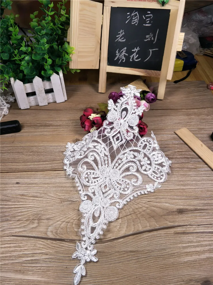 

2Pcs Clear Sequins Champagne Gold Ivory Lace Appliques Flower Sewing Trims Wedding Decoration 20X35cm